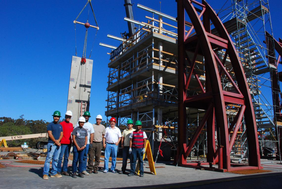 Robert Fleischman, pictured with members of his research team at a test structure built on the shake table at UC San Diego’s Englekirk Structural Engineering Center, will travel to Italy as a Fulbright scholar to lead an integrated research and teaching p