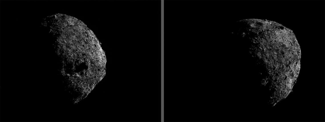 OSIRIS-REx took these images of Bennu’s southern hemisphere on Jan. 17 from a distance of about 1 mile . The large boulder – fully visible in the middle of the left frame and in partial shadow in lower portion of right frame – is about 165 feet across. OSIRIS-REx took these images of Bennu’s southern hemisphere on Jan. 17 from a distance of about 1 mile . The large boulder – fully visible in the middle of the left frame and in partial shadow in lower portion of right frame – is about 165 feet across.