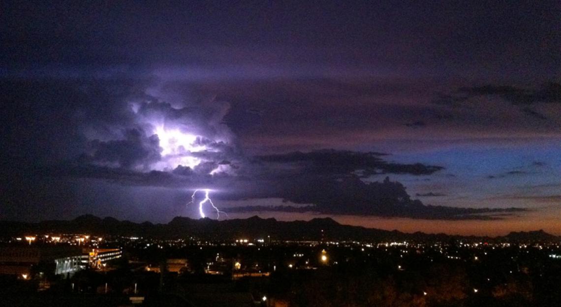 In the American Southwest, precipitation during the summer monsoon season provides a significant portion of the annual precipitation. Here lightning strikes over Southern Arizona's Tucson mountains during a 2010 monsoon thunderstorm. Daniel Griffin/Unive In the American Southwest, precipitation during the summer monsoon season provides a significant portion of the annual precipitation. Here lightning strikes over Southern Arizona's Tucson mountains during a 2010 monsoon thunderstorm. Daniel Griffin/Unive