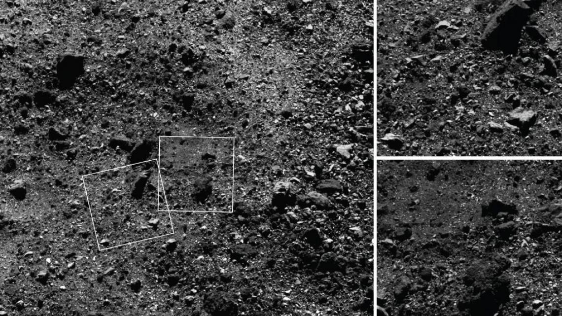 A humpback whale-sized boulder sticks out from Bennu's surface in a close-up image of the asteroid's northern hemisphere . The one below shows a “pond” of loose material, or regolith, that is mostly devoid of large rocks. The spacecraft used its MapCam in The spacecraft used its MapCam instrument to capture the wide-angle image of a 590-foot wide area with many rocks, including some large boulders, and PolyCam to snap the close-up frames, which are 101 feet across.