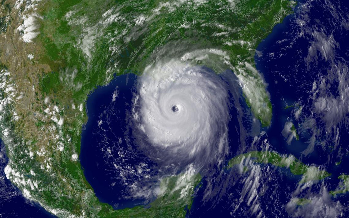 An image of Hurricane Katrina taken Aug. 28, 2005, as the storm’s outer bands lashed the Gulf Coast of the U.S. a day before making landfall and leaving a path of destruction in its wake. 