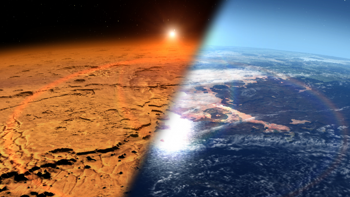 This artist’s concept depicts the early Martian environment — believed to contain liquid water and a thicker atmosphere — versus the cold, dry environment seen at Mars today . NASA's Mars Atmosphere and Volatile Evolution is in orbit of the Red Planet to This artist’s concept depicts the early Martian environment — believed to contain liquid water and a thicker atmosphere — versus the cold, dry environment seen at Mars today . NASA's Mars Atmosphere and Volatile Evolution is in orbit of the Red Planet to