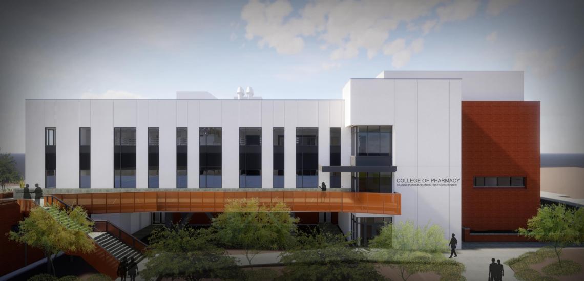 An artist's rendering shows the north-facing side of the renovated Skaggs Pharmaceutical Sciences Center, where the Arizona Center for Drug Discovery will be located. An artist's rendering shows the north-facing side of the renovated Skaggs Pharmaceutical Sciences Center, where the Arizona Center for Drug Discovery will be located.