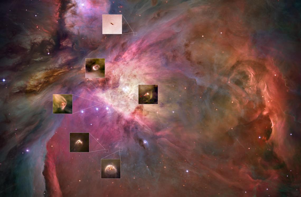 The Orion Nebula is a star-forming region in the Milky Way, and one of the most famous of the astronomical nebulas. Here, insets show where planetary systems are forming in the Orion. The Orion Nebula is a star-forming region in the Milky Way, and one of the most famous of the astronomical nebulas. Here, insets show where planetary systems are forming in the Orion.