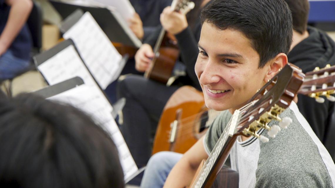 Pablo Esteban Quiñonez Paz learned to play guitar through Lead Guitar, part of the UA CFA in Schools outreach program. He plans to pursue a degree in music at the UA. Pablo Esteban Quiñonez Paz learned to play guitar through Lead Guitar, part of the UA CFA in Schools outreach program. He plans to pursue a degree in music at the UA.