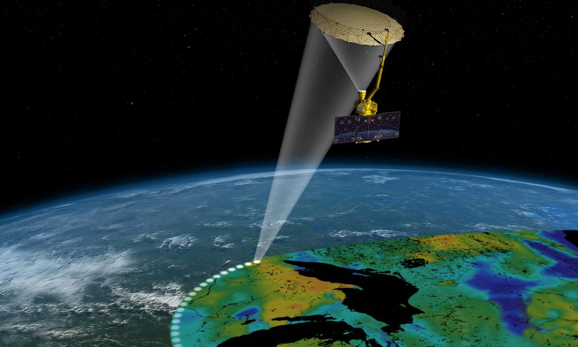 Artist's rendering of the Soil Moisture Active Passive satellite. The width of the region scanned on Earth’s surface during each orbit is about 620 miles. Artist's rendering of the Soil Moisture Active Passive satellite. The width of the region scanned on Earth’s surface during each orbit is about 620 miles.