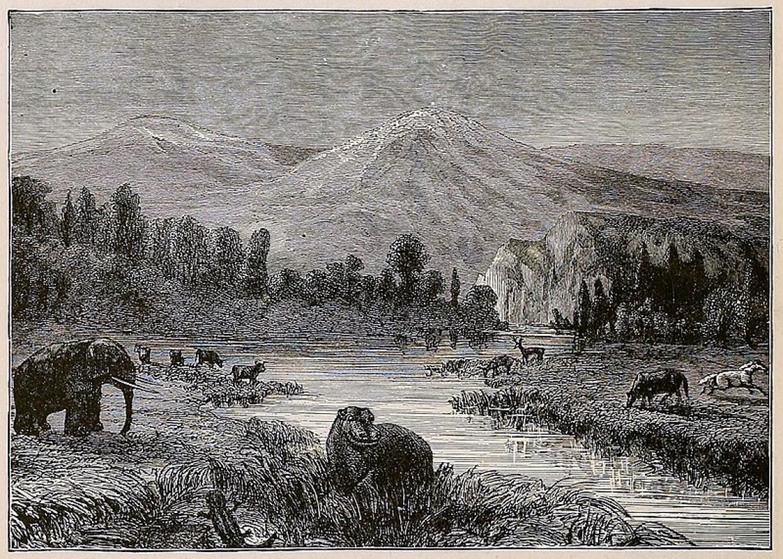 A wood engraving by Eduard Riou depicts a landscape view of the Pliocene. The image was etched in the late 1800s, when CO2 levels hovered around 295 ppm. A wood engraving by Eduard Riou depicts a landscape view of the Pliocene. The image was etched in the late 1800s, when CO2 levels hovered around 295 ppm.