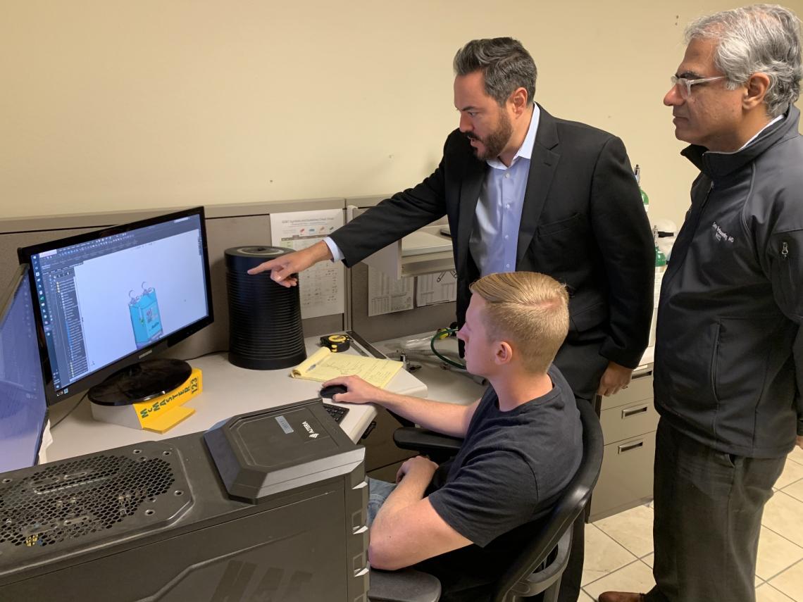 Clockwise from the top: CEO Manny Teran, inventor Dr. Sairam Parthasarathy and mechanical designer Greg Jewell. Clockwise from the top: CEO Manny Teran, inventor Dr. Sairam Parthasarathy and mechanical designer Greg Jewell.