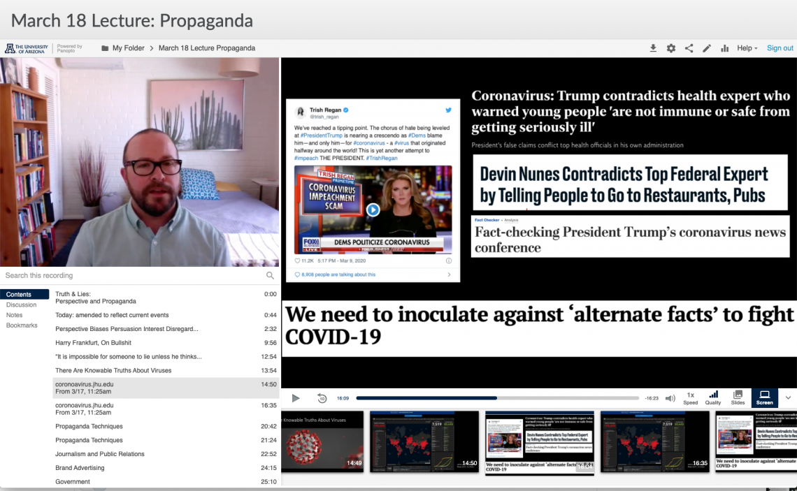 A screenshot from Eric Plemons' lecture on propaganda, offered on the Panopto online video platform. A screenshot from Eric Plemons' lecture on propaganda, offered on the Panopto online video platform.