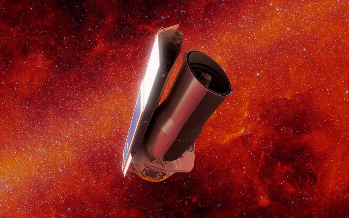 In this artist's rendering of NASA's Spitzer Space Telescope in space, the background is shown in infrared light. 