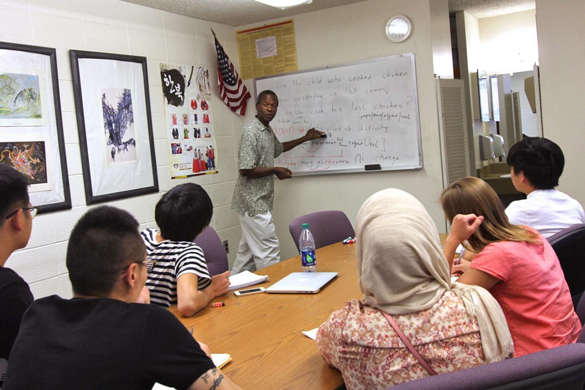 Teles Machibya leads a Swahili class session in the Critical Languages Program. To meet rising student demand for language instruction, the UA’s College of Humanities is introducing new minors in Korean and critical languages. Teles Machibya leads a Swahili class session in the Critical Languages Program. To meet rising student demand for language instruction, the UA’s College of Humanities is introducing new minors in Korean and critical languages.