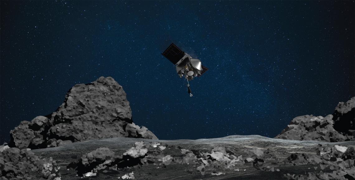 This artist’s concept shows NASA’s OSIRIS-REx spacecraft descending towards asteroid Bennu to collect a sample of the asteroid’s surface. This artist’s concept shows NASA’s OSIRIS-REx spacecraft descending towards asteroid Bennu to collect a sample of the asteroid’s surface.