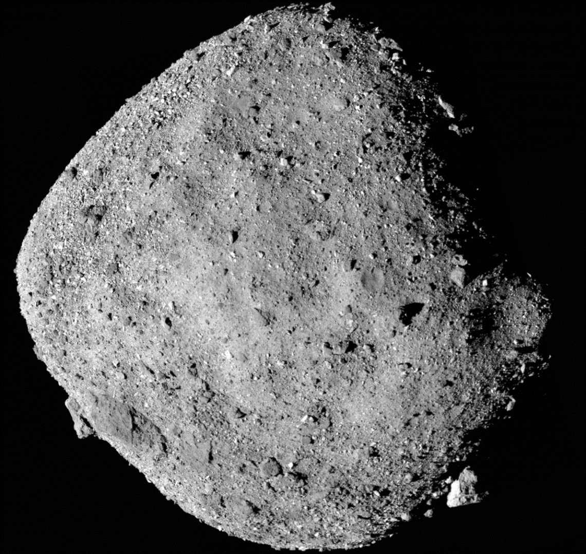 This mosaic image of asteroid Bennu is composed of 12 PolyCam images collected on Dec. 2 by the OSIRIS-REx spacecraft from a range of 15 miles . This mosaic image of asteroid Bennu is composed of 12 PolyCam images collected on Dec. 2 by the OSIRIS-REx spacecraft from a range of 15 miles .