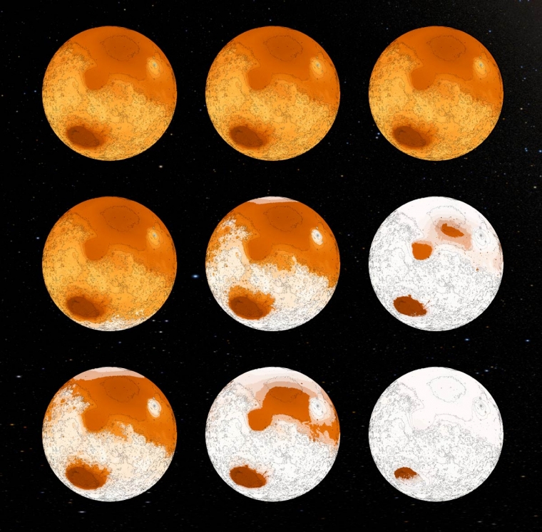 Mars progressively covering in ice under the influence of methane released into the atmosphere by microbes. 