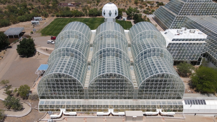 LEO at Biosphere 2 The Landscape Evolution Observatory is housed under the steel-and-glass architecture of UArizona's Biosphere 2.