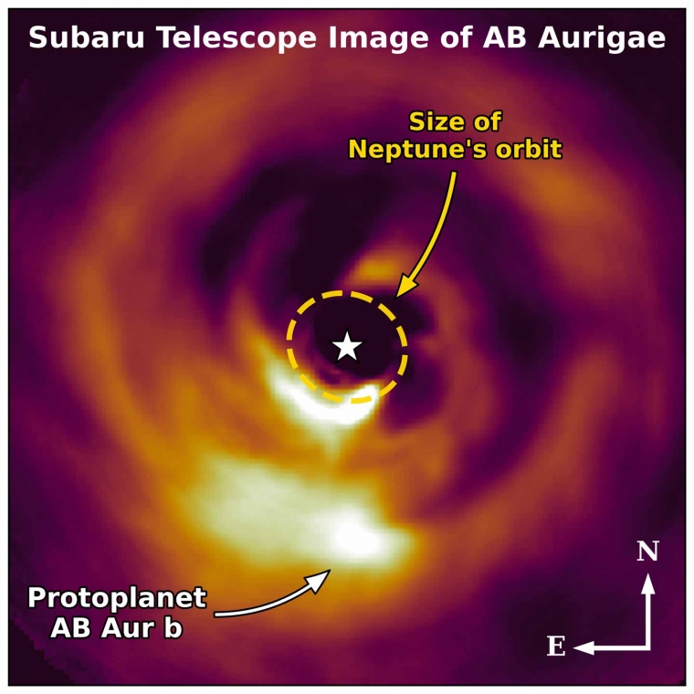 Subaru Telescope image of the protoplanetary disk around AB Aurigae. UArizona scientists were instrumental in analyzing key features such as spiral arms and the bright signal of the forming gas giant. Subaru Telescope image of the protoplanetary disk around AB Aurigae. UArizona scientists were instrumental in analyzing key features such as spiral arms and the bright signal of the forming gas giant.