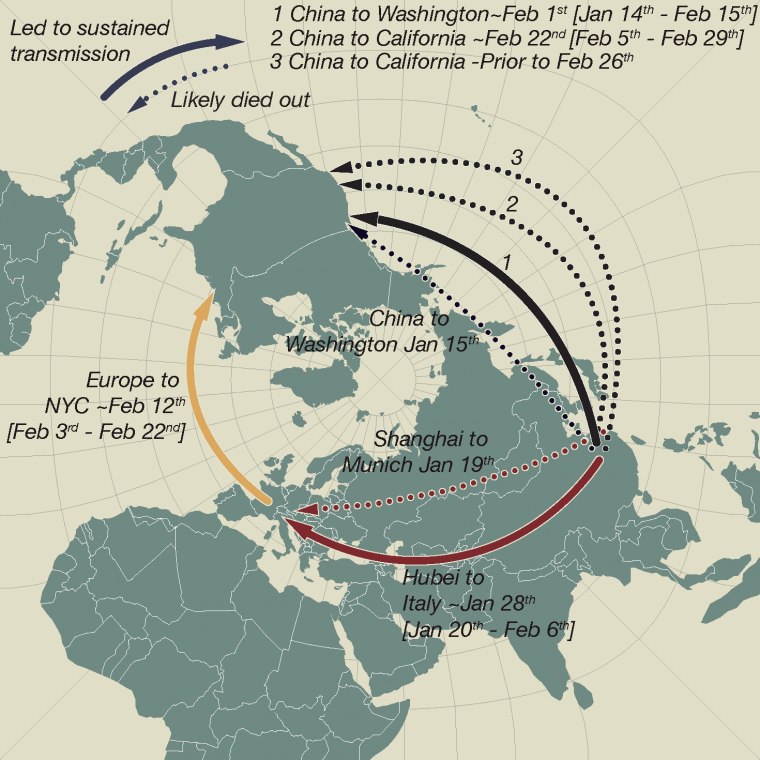 A map shows the spread of coronavirus around the world