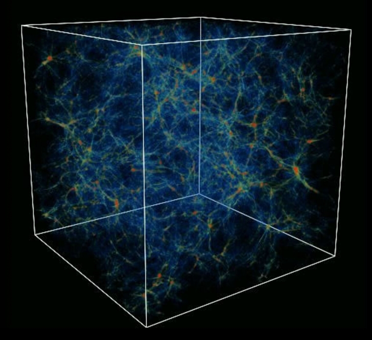 simulation of the cosmic web showing a vast, three-dimensional “spider web” of gas filaments crisscrossing in the cosmos simulation of the cosmic web