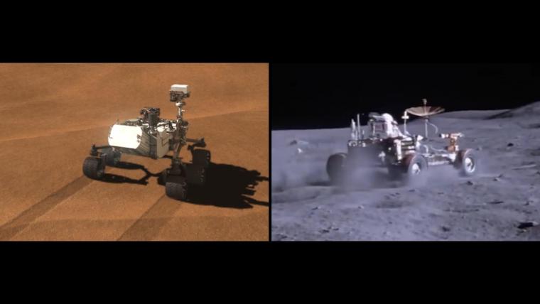 Left: Fifth years of extraterrestrial off-roading: "Curiosity" leaves tracks on Mars. Right: An Apollo rover kicks up dust. Left: Fifth years of extraterrestrial off-roading: "Curiosity" leaves tracks on Mars. Right: An Apollo rover kicks up dust.