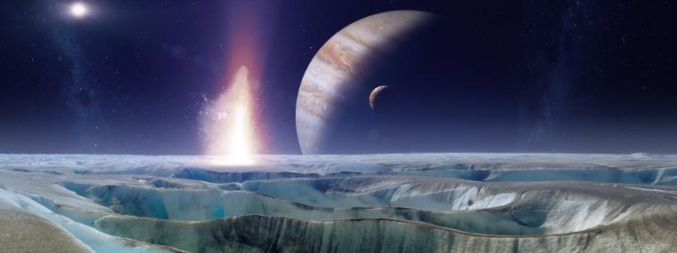 An artist’s representation of the view of Jupiter and Io from the icy surface of Europa. 
