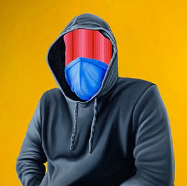 painting of a person in a hoodie with their face masked by colors