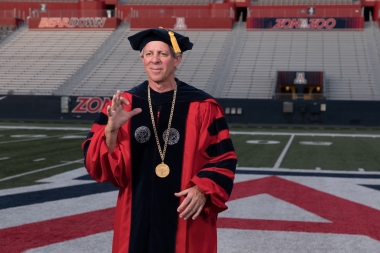 University President Robert C. Robbins addresses the audience during filming for the virtual 2020 Commencement. 