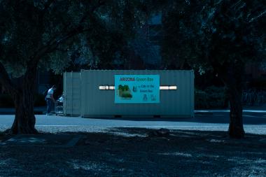 A shipping container in the heart of campus serves as the home of the Arizona Green Box, Joel Cuello's vertical farm laboratory at the UA. The UA Green Fund and Cats in the Green Box sponsor the facility, which is one of two vertical farming operations at