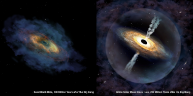 An artist's impression of the formation of the quasar Pōniuā'ena, starting with a seed black hole 100 million years after the Big Bang , then growing to a billion solar masses 700 million years after the Big Bang . An artist's impression of the formation of the quasar Pōniuā'ena, starting with a seed black hole 100 million years after the Big Bang , then growing to a billion solar masses 700 million years after the Big Bang .
