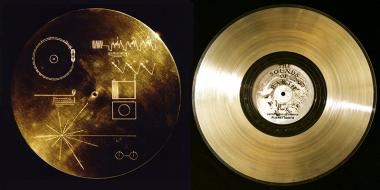 Each Voyager probe carries a copy of the "Golden Record." Compiled by a team led by Carl Sagan in just six weeks, each record contains various sounds of Earth, including music and encoded images. The discs, complete with a stylus for playback, are protect Each Voyager probe carries a copy of the "Golden Record." Compiled by a team led by Carl Sagan in just six weeks, each record contains various sounds of Earth, including music and encoded images. The discs, complete with a stylus for playback, are protect