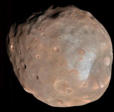 The HiRISE camera on the Mars Reconnaissance Orbiter took two images of the larger of Mars two moons, Phobos, within 10 minutes of each other on March 23, 2008. This is the first. Stickney is the large crater on the right. The HiRISE camera on the Mars Reconnaissance Orbiter took two images of the larger of Mars two moons, Phobos, within 10 minutes of each other on March 23, 2008. This is the first. Stickney is the large crater on the right.