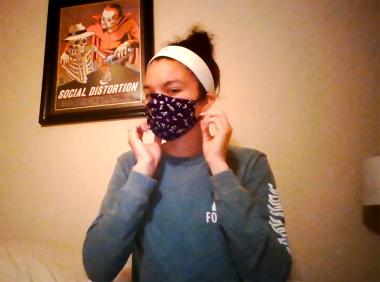 Jordyn Clarke in the College of Social and Behavioral Sciences made a cotton face mask with hair ties for straps. Jordyn Clarke in the College of Social and Behavioral Sciences made a cotton face mask with hair ties for straps.