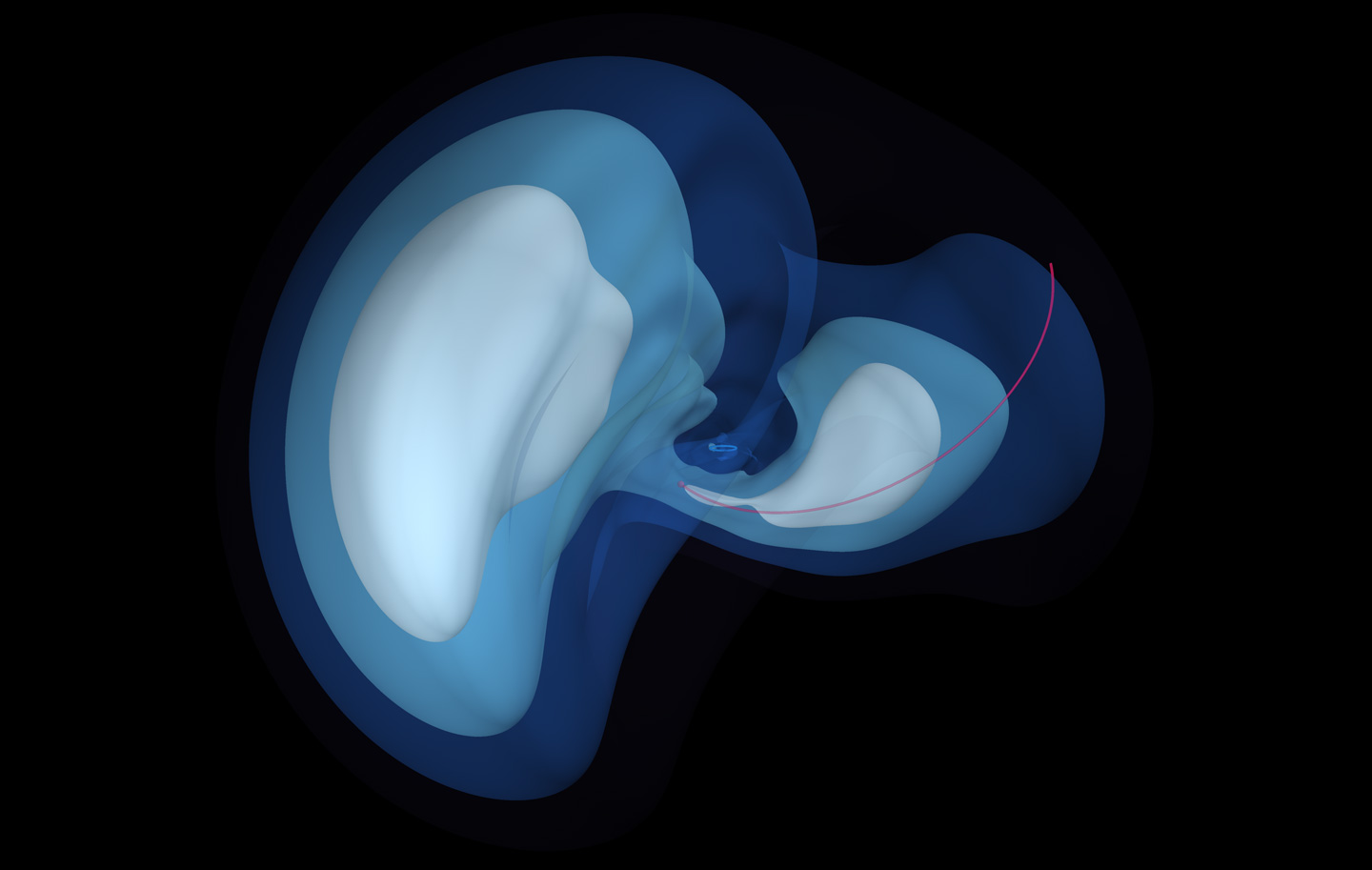 Computer simulation of the wake created by the Large Magellanic Cloud, distorting the Milky Way's galactic halo. Computer simulation of the wake created by the Large Magellanic Cloud, distorting the Milky Way's galactic halo.
